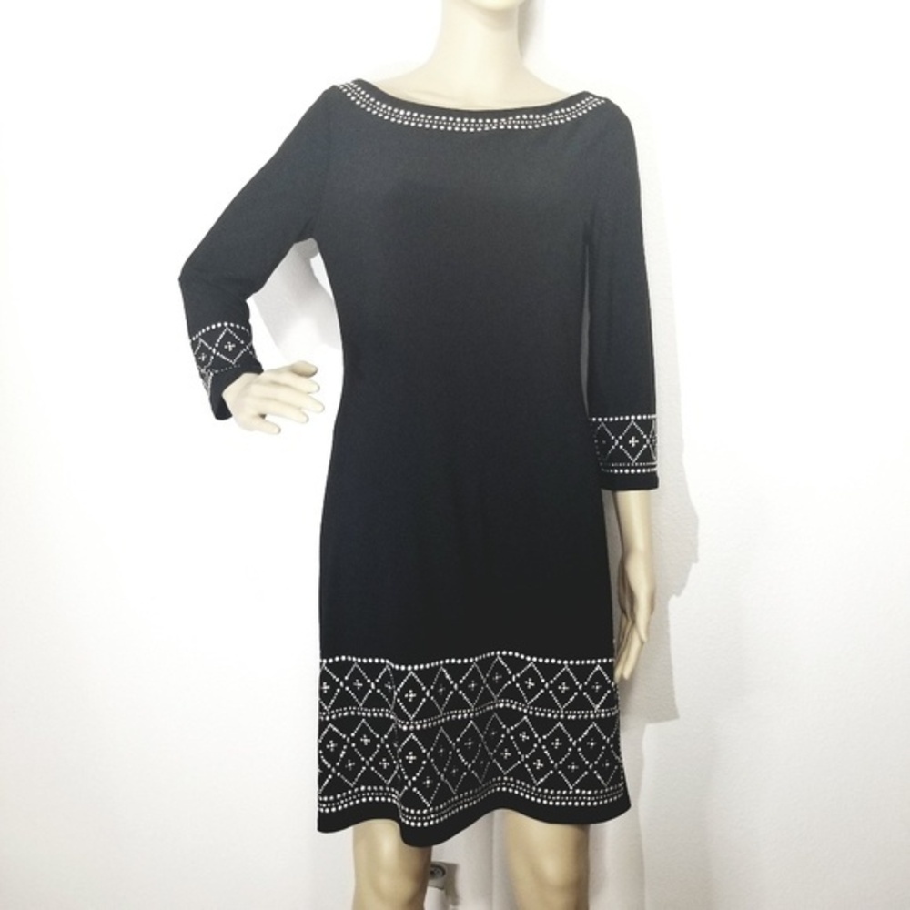 White House Black Market Black Embellished Sheath Dress Boat Neck 3/4 Sleeve S‎